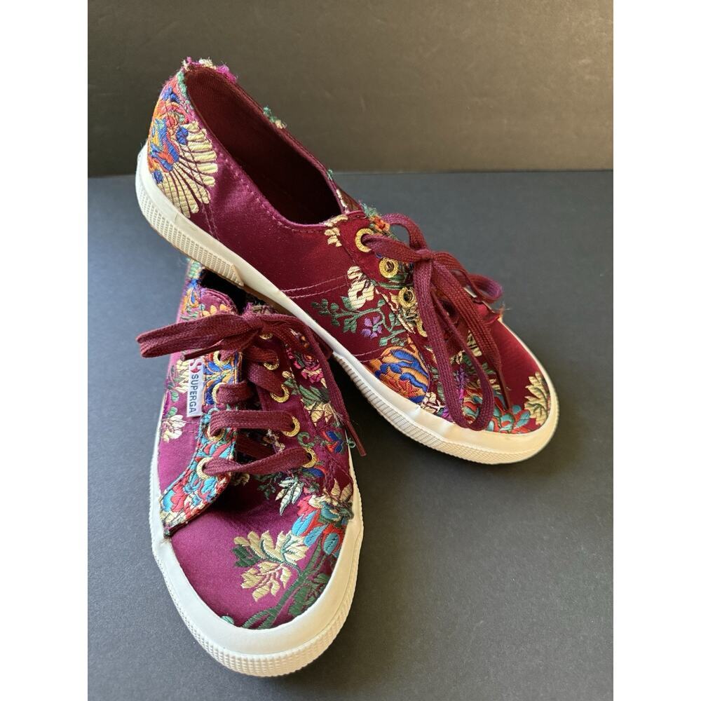 Superga Korelaw Wimens Satin Sneaker Shoes Embroidered Burgundy Size 7 Boho